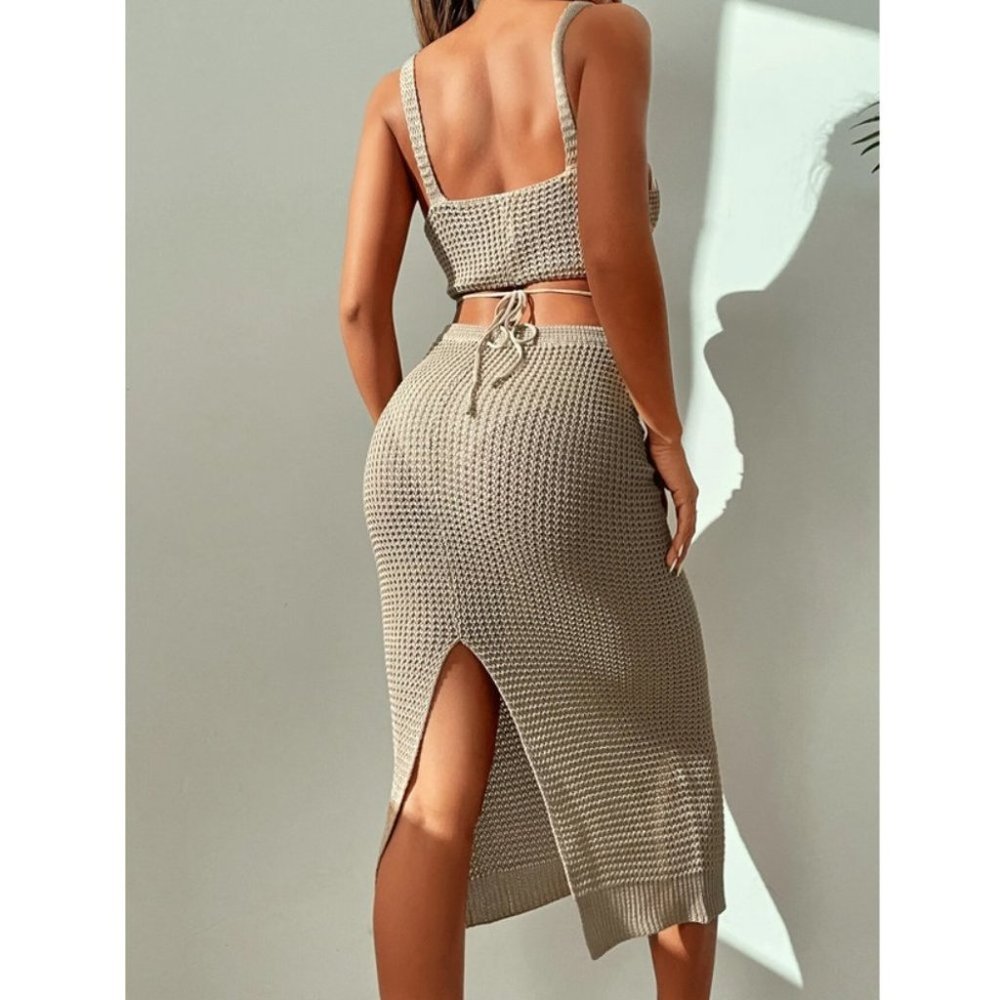 Tan 2 piece knit skirt and crop top knit coverup set - Picture 7 of 15